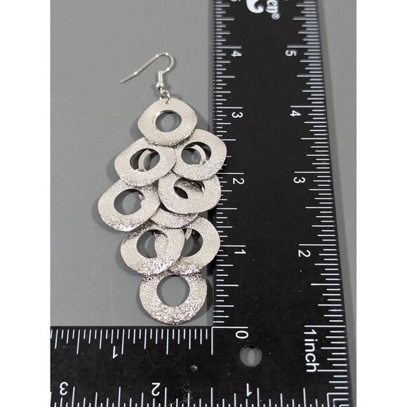 Silver Tone Textured Round Disc Chandelier Charm Statement Earrings MOD Long - Picture 9 of 9